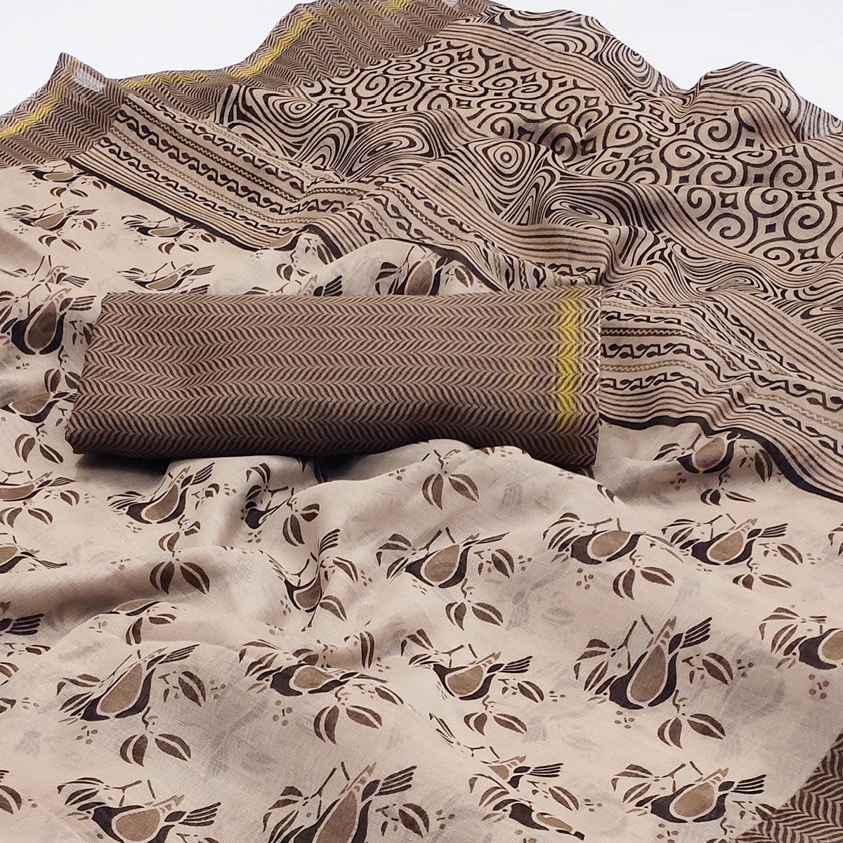 Brown Floral Printed Cotton Blend Saree