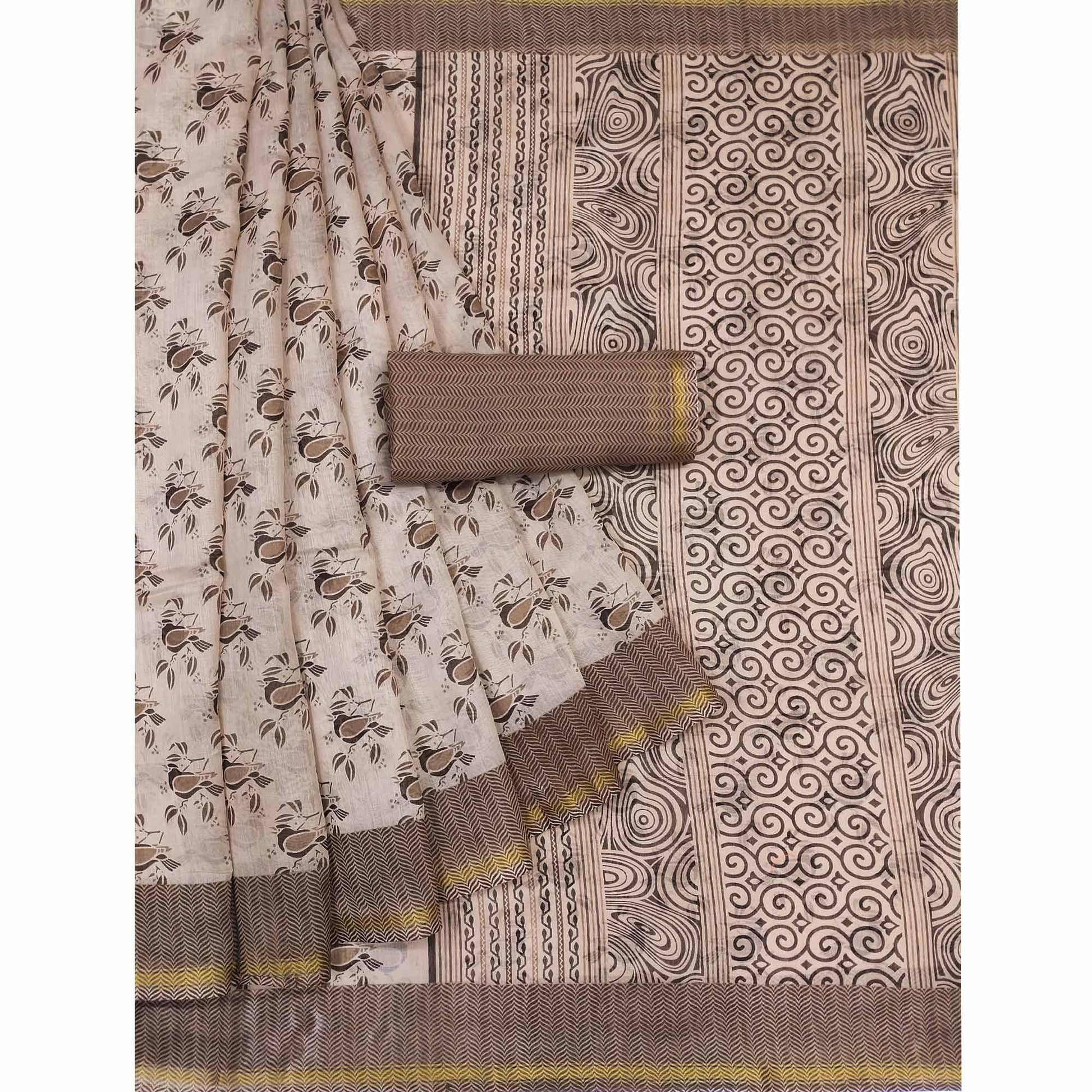 Brown Floral Printed Cotton Blend Saree
