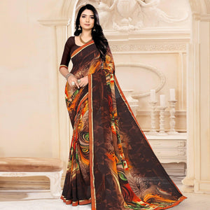 Brown Floral Printed Georgette Saree