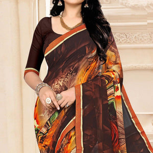 Brown Floral Printed Georgette Saree