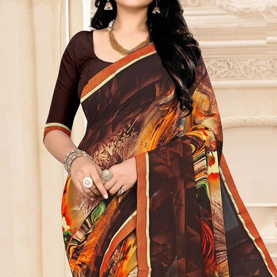 Brown Floral Printed Georgette Saree