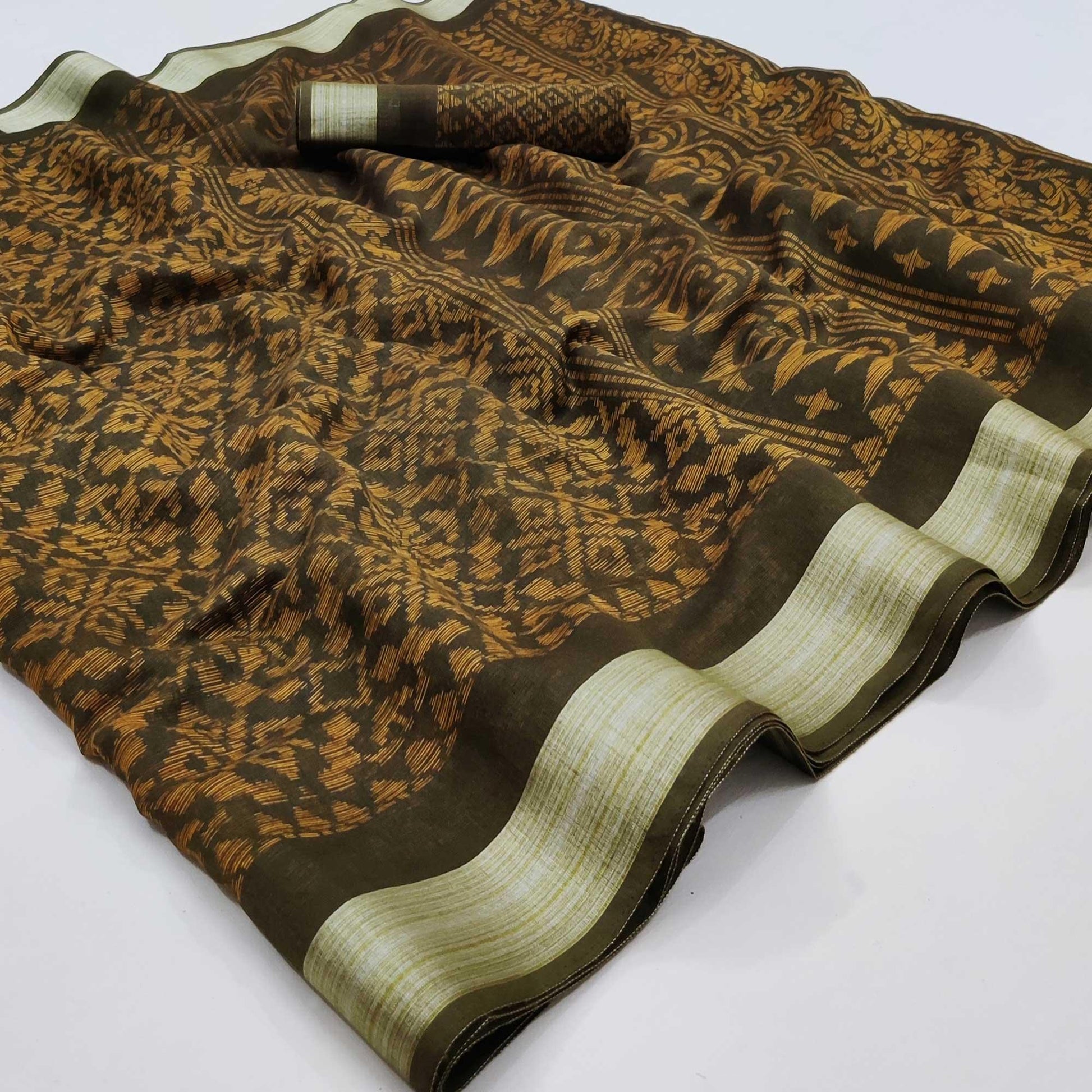 Brown Floral Printed Linen Saree