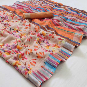 Brown Floral Printed Linen Saree