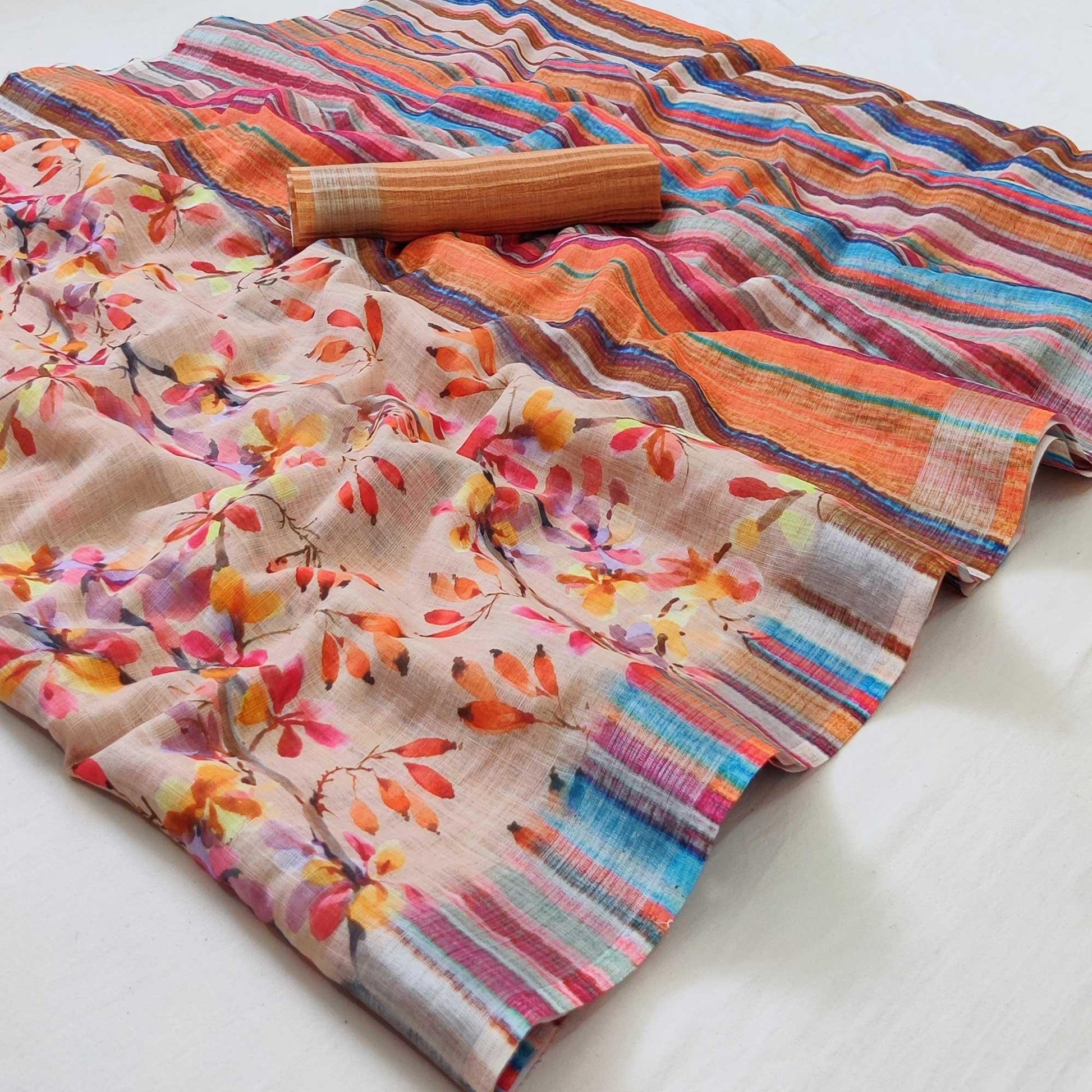 Brown Floral Printed Linen Saree