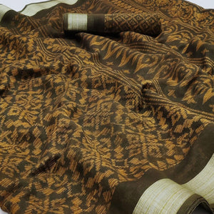 Brown Floral Printed Linen Saree