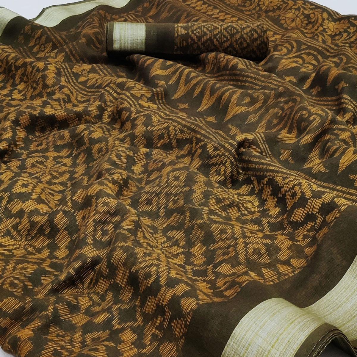 Brown Floral Printed Linen Saree