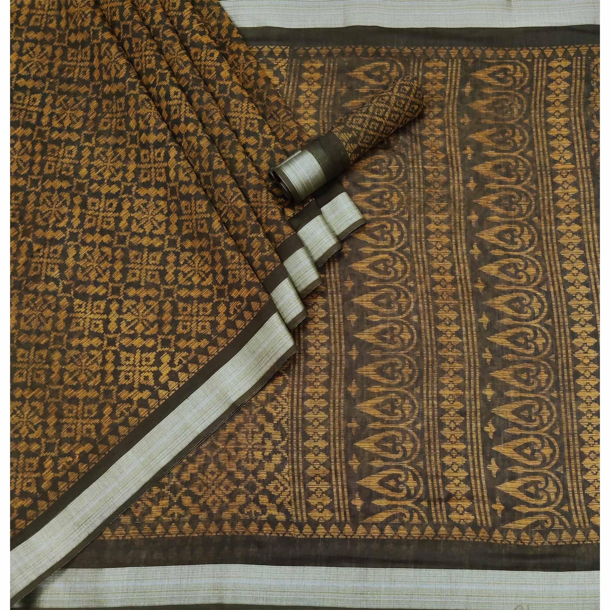 Brown Floral Printed Linen Saree