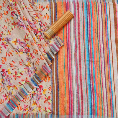 Brown Floral Printed Linen Saree