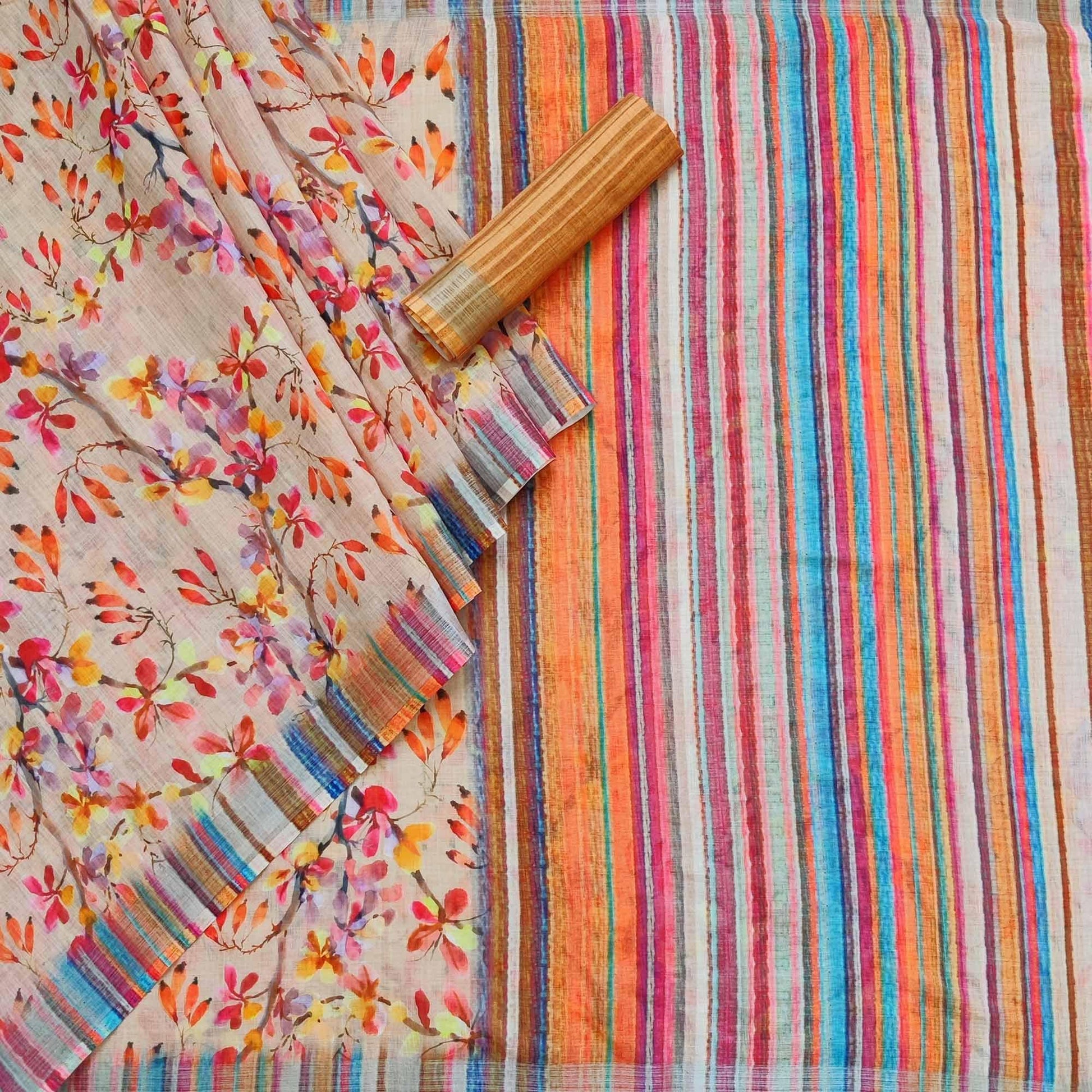 Brown Floral Printed Linen Saree