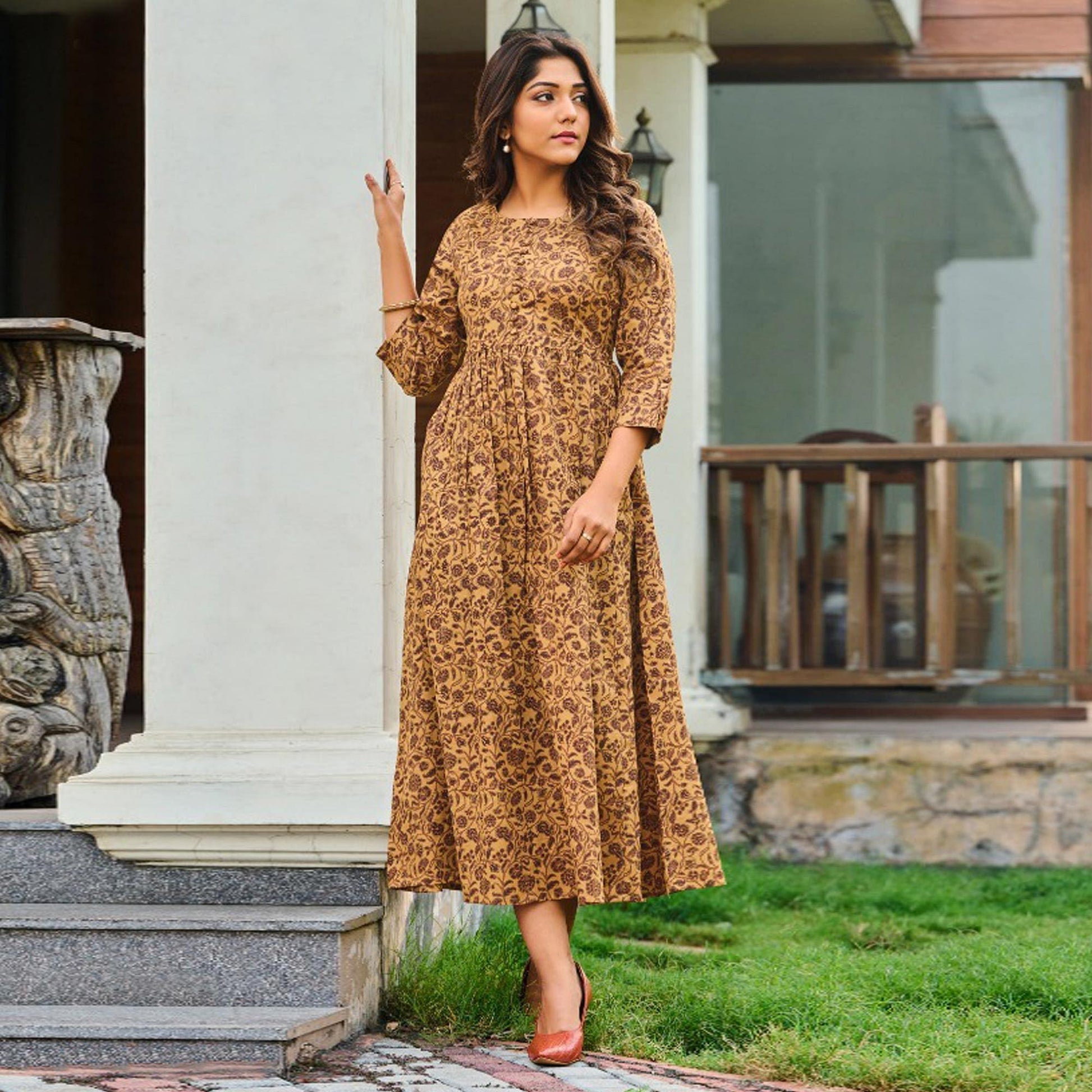 Brown Floral Printed Pure Cotton Dress