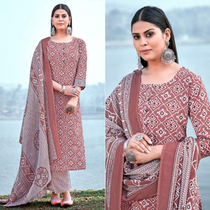 Brown Floral Printed Pure Cotton Kurti Pant Set With Dupatta