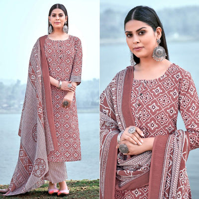 Brown Floral Printed Pure Cotton Kurti Pant Set With Dupatta