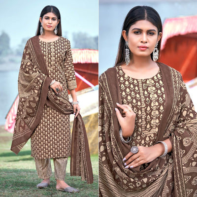 Brown Floral Printed Pure Cotton Kurti Pant Set With Dupatta
