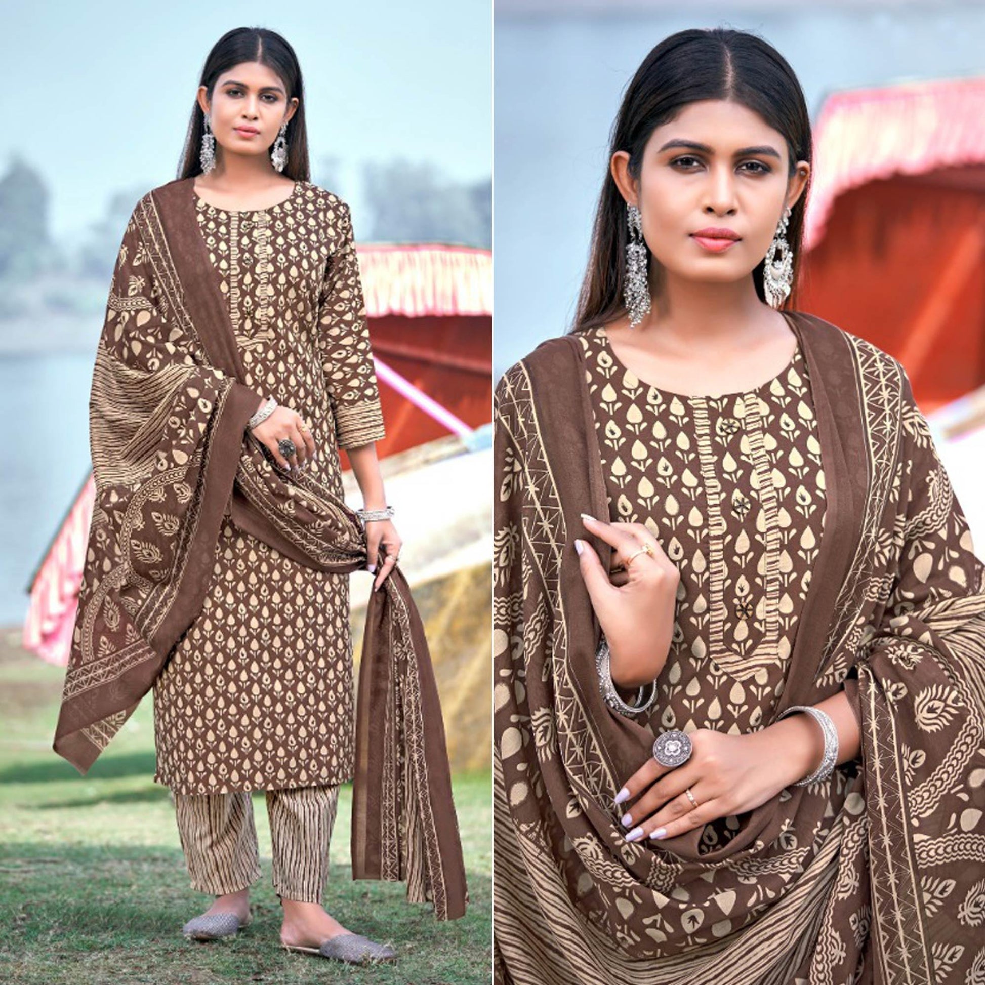 Brown Floral Printed Pure Cotton Kurti Pant Set With Dupatta