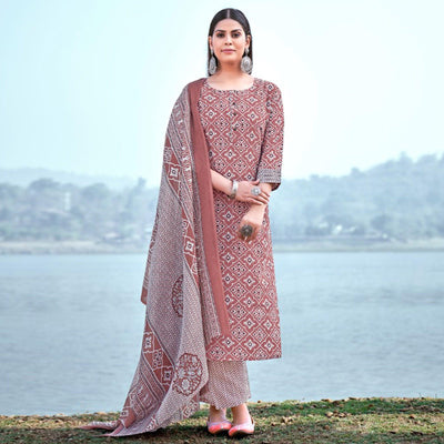 Brown Floral Printed Pure Cotton Kurti Pant Set With Dupatta