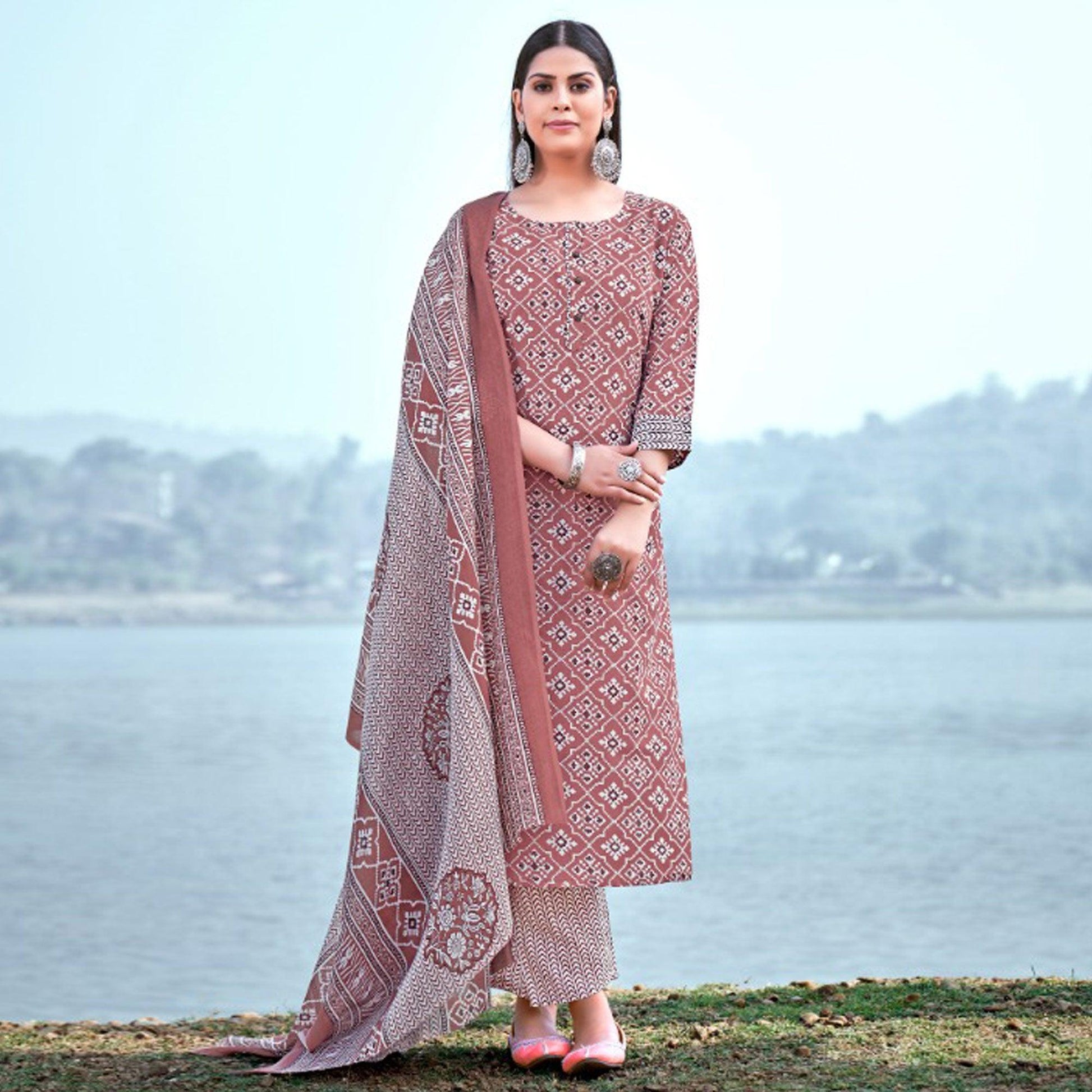 Brown Floral Printed Pure Cotton Kurti Pant Set With Dupatta