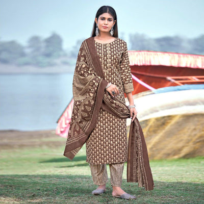 Brown Floral Printed Pure Cotton Kurti Pant Set With Dupatta