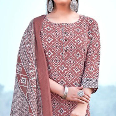 Brown Floral Printed Pure Cotton Kurti Pant Set With Dupatta