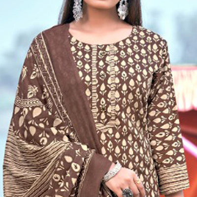 Brown Floral Printed Pure Cotton Kurti Pant Set With Dupatta
