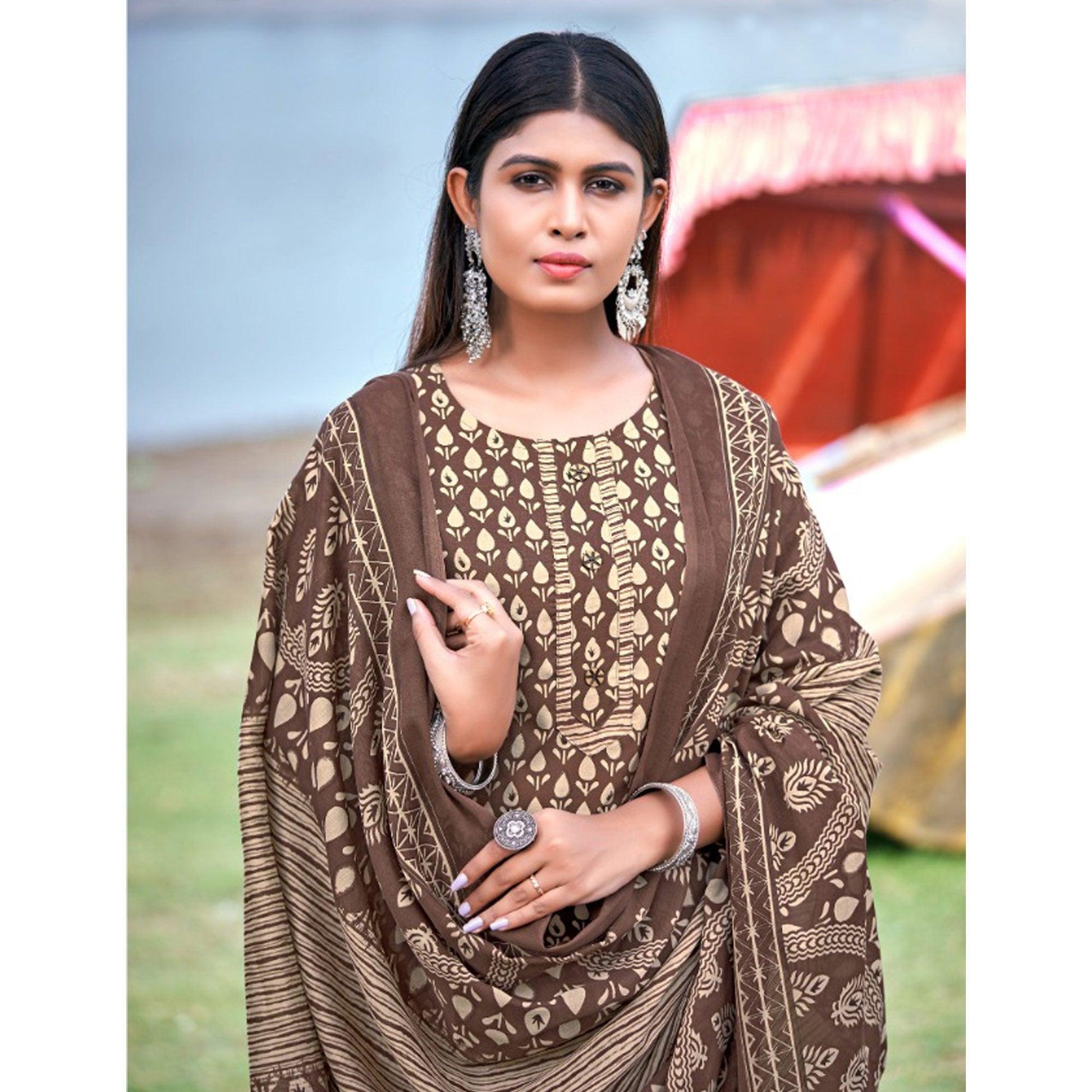 Brown Floral Printed Pure Cotton Kurti Pant Set With Dupatta