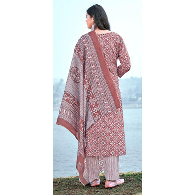 Brown Floral Printed Pure Cotton Kurti Pant Set With Dupatta