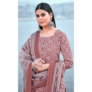 Brown Floral Printed Pure Cotton Kurti Pant Set With Dupatta