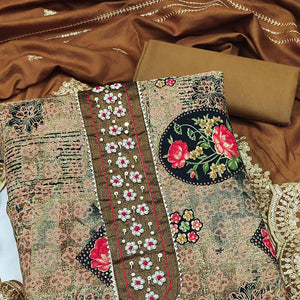 Brown Floral Printed With Embellished Pure Cotton Dress Material