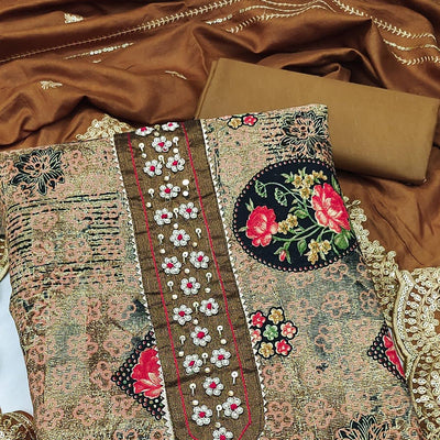 Brown Floral Printed With Embellished Pure Cotton Dress Material