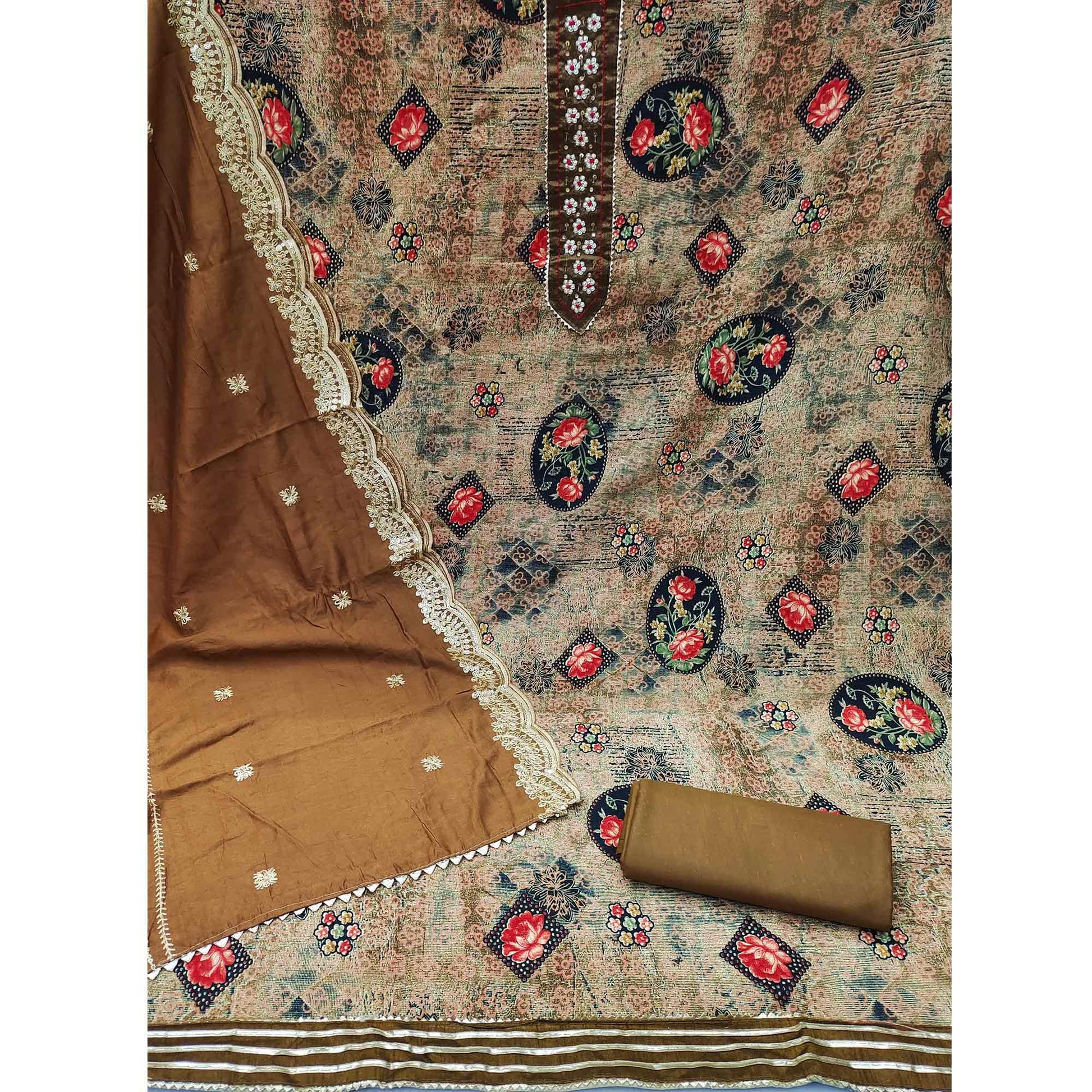 Brown Floral Printed With Embellished Pure Cotton Dress Material