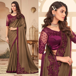 Brown Floral Sequins Embroidered Art Silk Saree