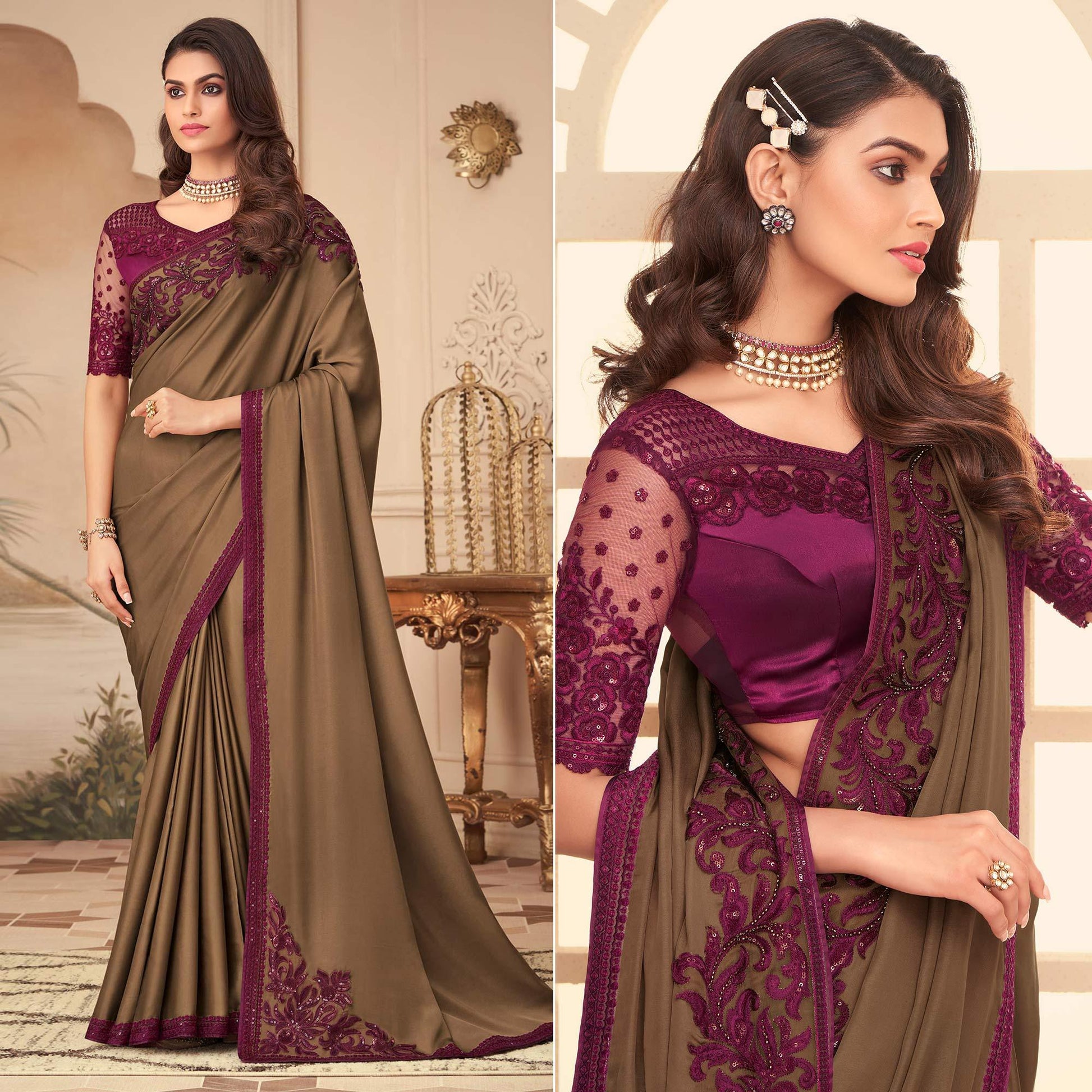 Brown Floral Sequins Embroidered Art Silk Saree