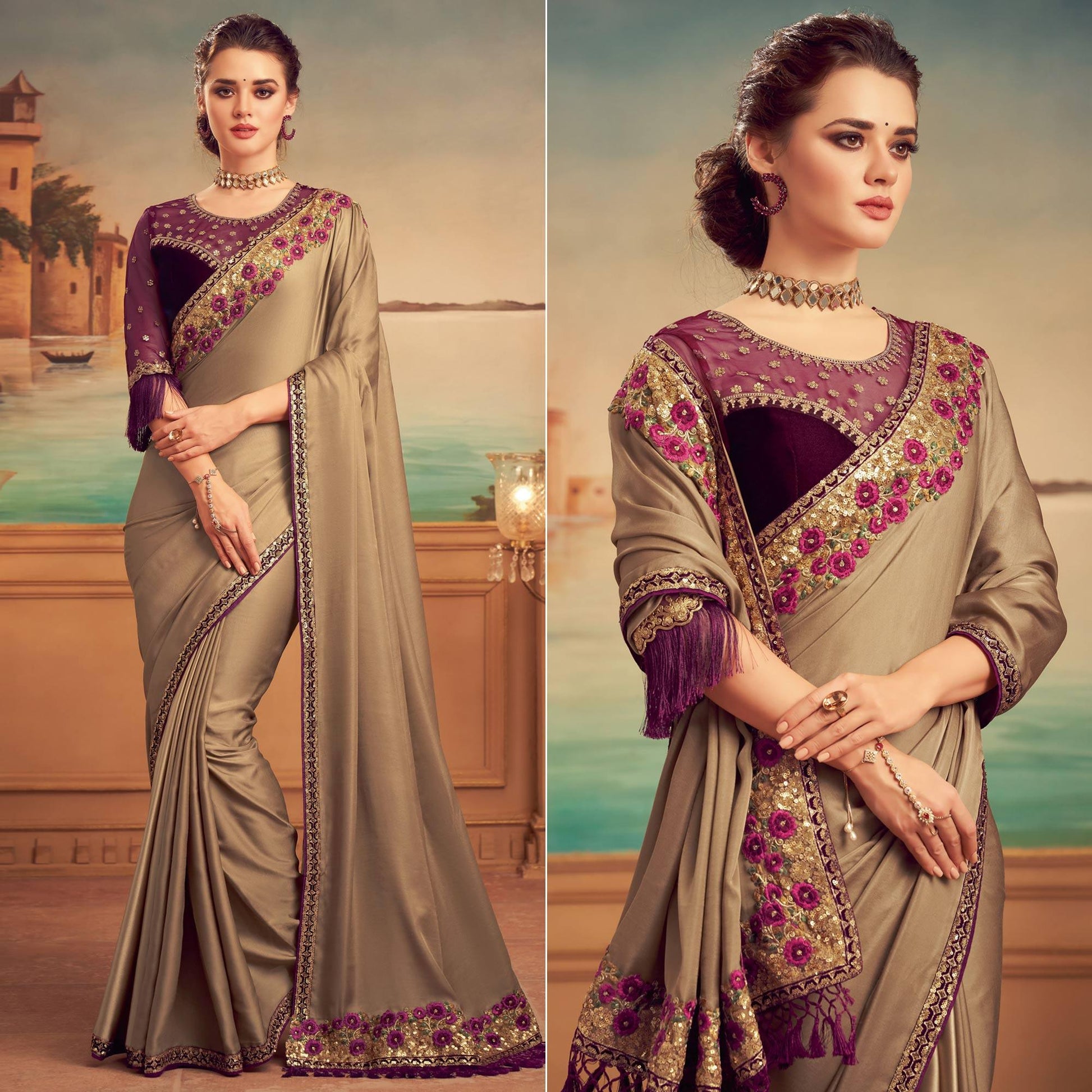 Brown Floral Sequins Embroidered Art Silk Saree