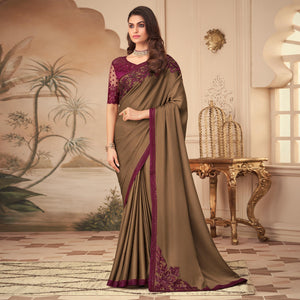 Brown Floral Sequins Embroidered Art Silk Saree