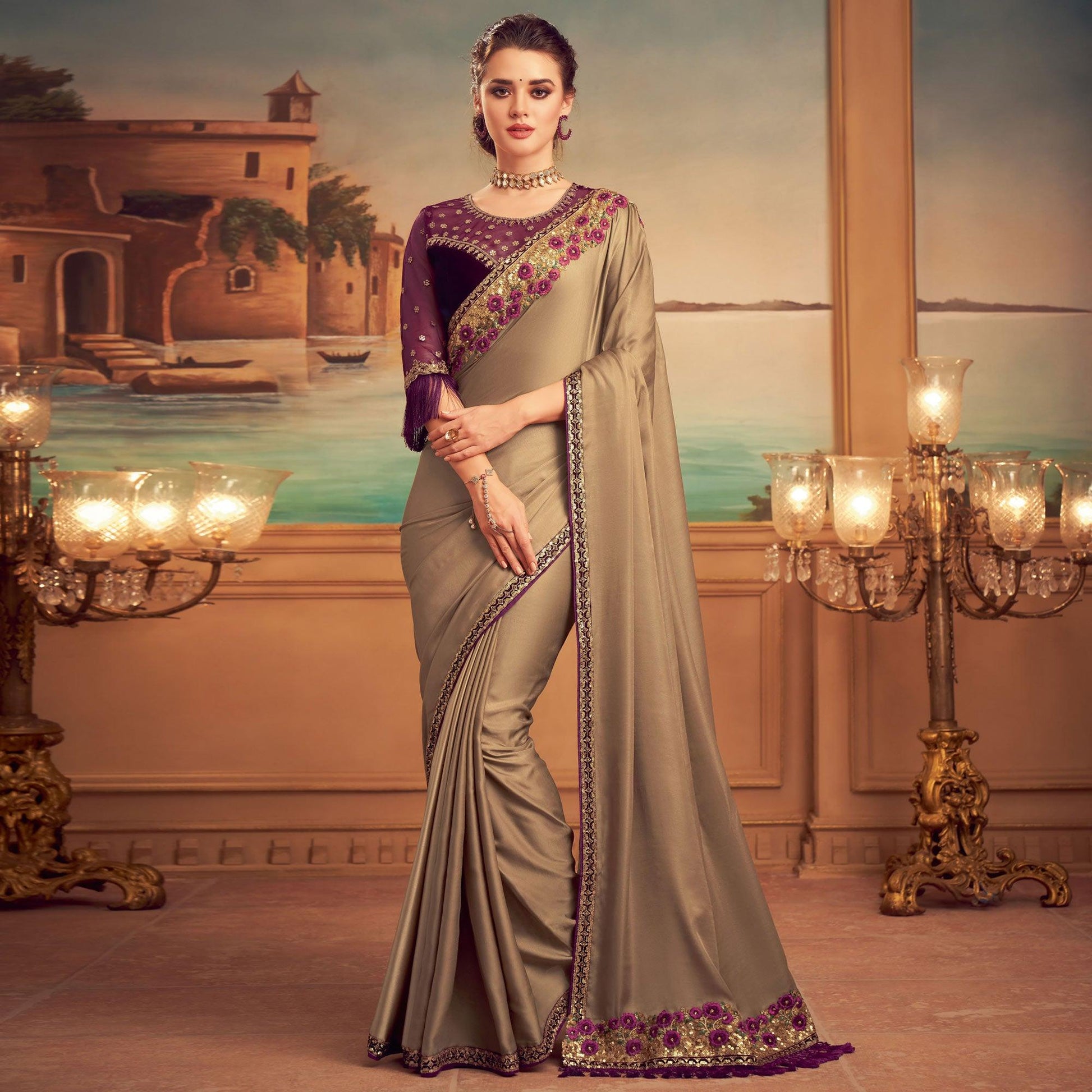 Brown Floral Sequins Embroidered Art Silk Saree