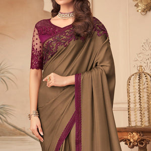 Brown Floral Sequins Embroidered Art Silk Saree