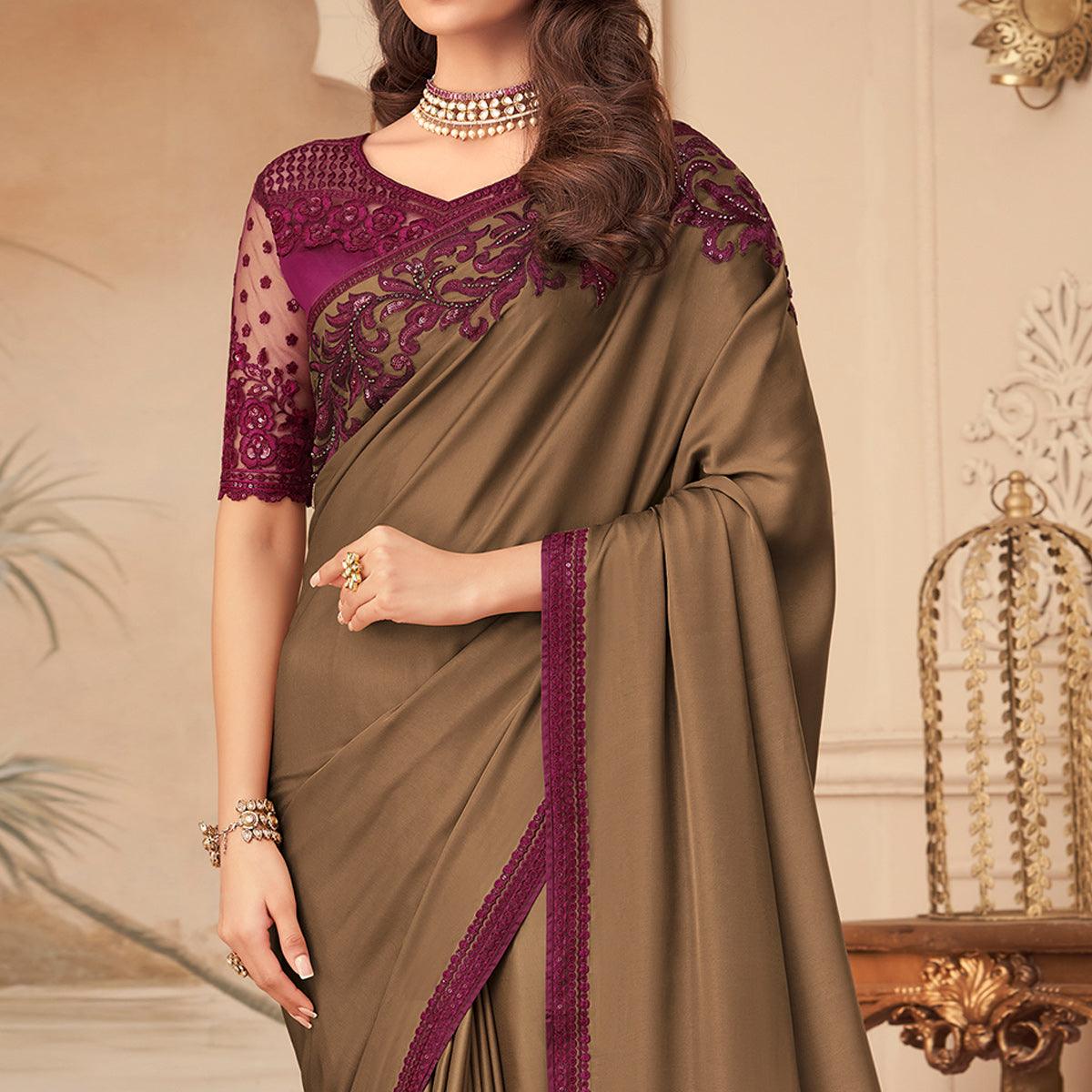 Brown Floral Sequins Embroidered Art Silk Saree