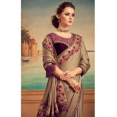 Brown Floral Sequins Embroidered Art Silk Saree