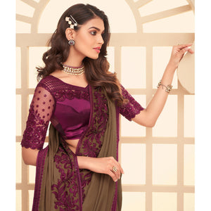 Brown Floral Sequins Embroidered Art Silk Saree