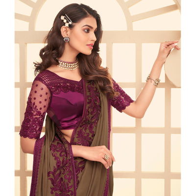 Brown Floral Sequins Embroidered Art Silk Saree