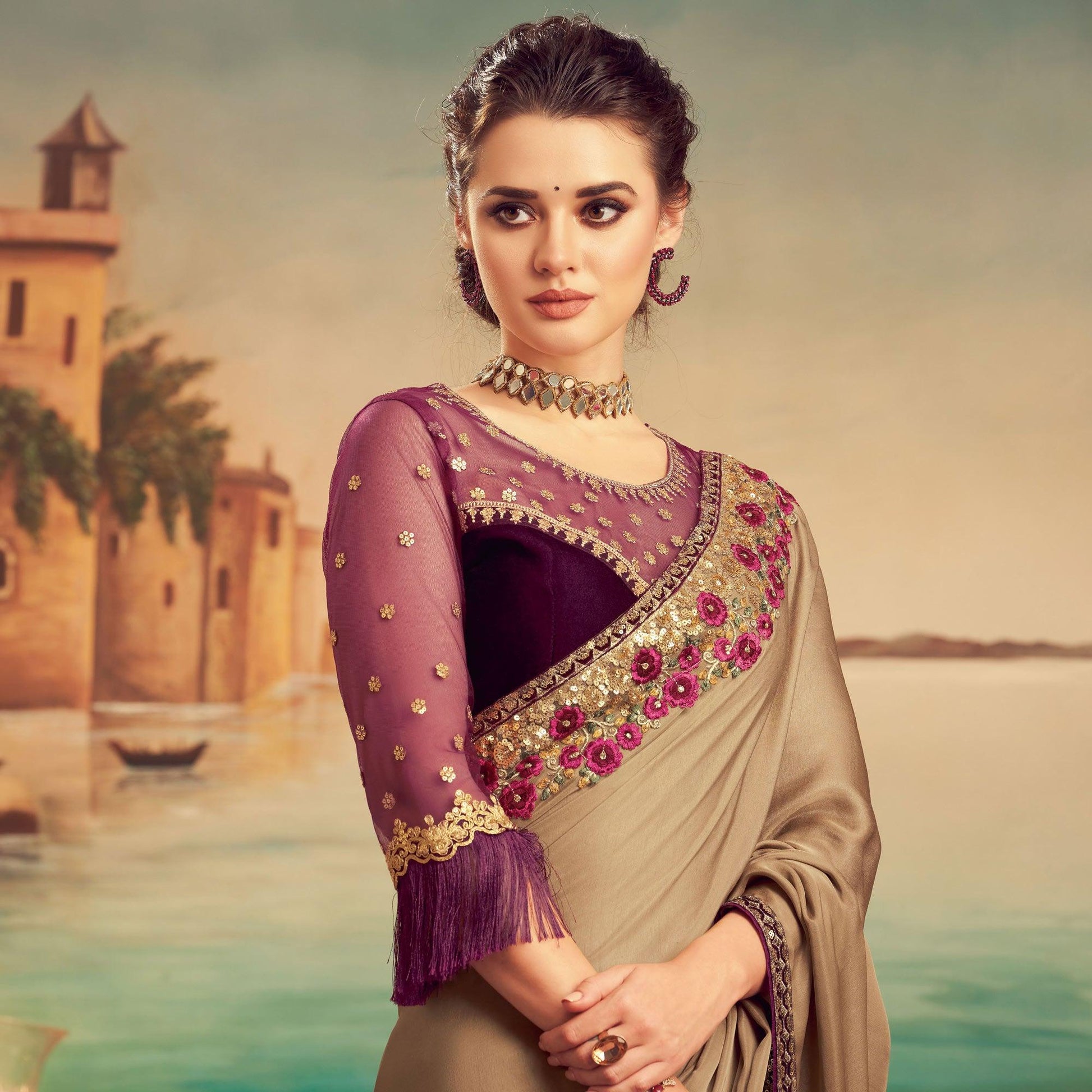 Brown Floral Sequins Embroidered Art Silk Saree