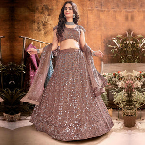 Brown Floral Thread Sequins Net Lehenga Choli