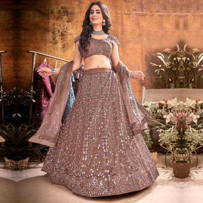 Brown Floral Thread Sequins Net Lehenga Choli