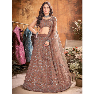 Brown Floral Thread Sequins Net Lehenga Choli