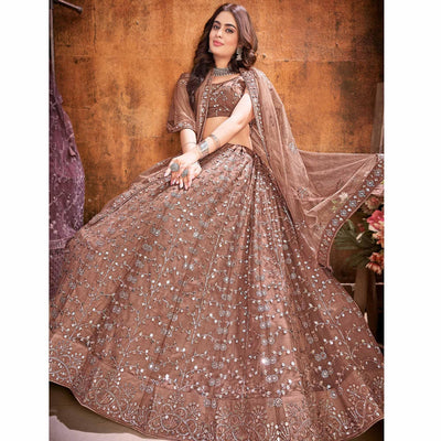 Brown Floral Thread Sequins Net Lehenga Choli