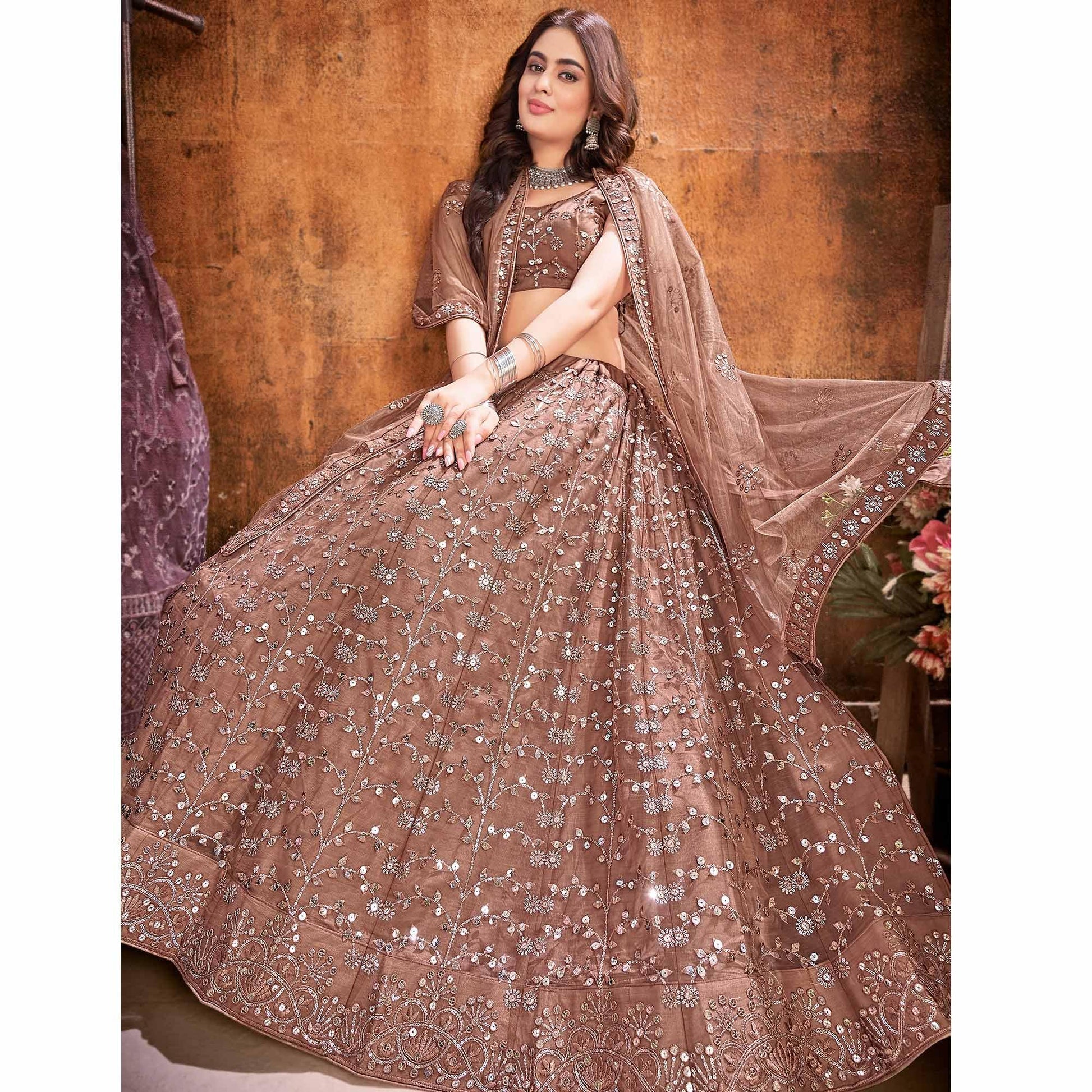 Brown Floral Thread Sequins Net Lehenga Choli