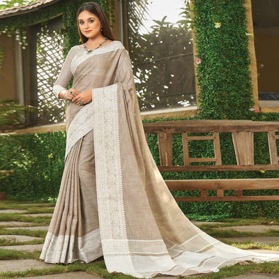 Brown Floral Woven Linen Saree