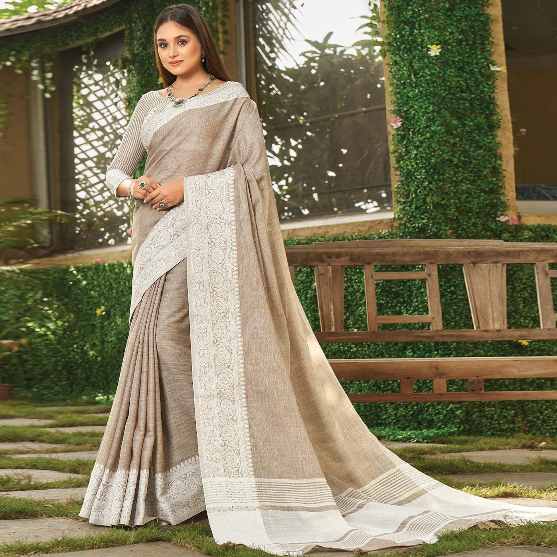 Brown Floral Woven Linen Saree