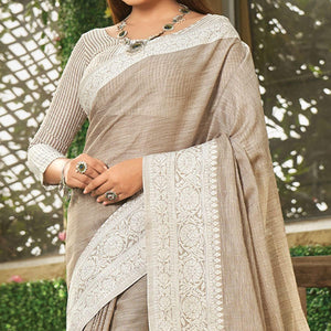 Brown Floral Woven Linen Saree