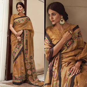 Brown Foil Digital Printed Cotton Blend Saree