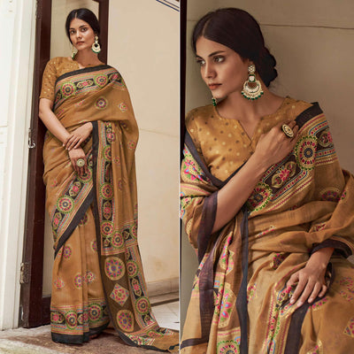 Brown Foil Digital Printed Cotton Blend Saree